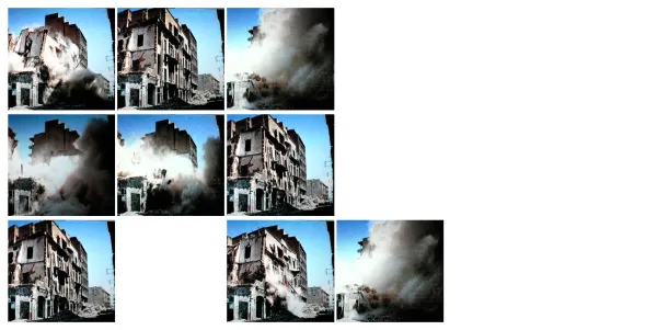 Nine images forms an unordered sequence on the left side of the image, that has a white background. In the images, you can see a building falling, then standing, then disappearing into the smoke of demolition, then the building demolished but with no smoke, then the building intact, falling and smoke.